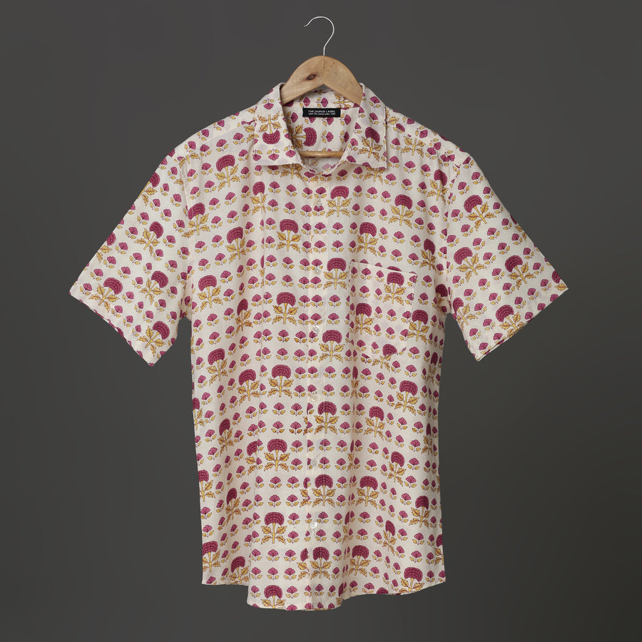 Maroon Mustard Tree Block Print Cotton Shirt for Men
