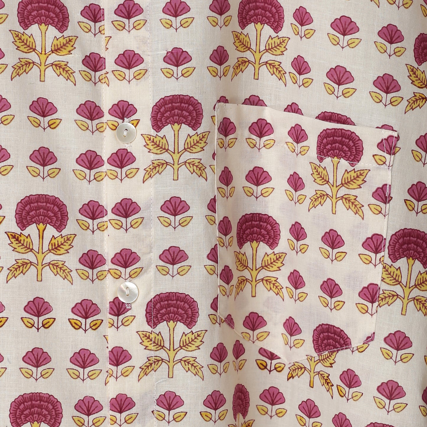 Hand Block Printed Cotton Shirt – Maroon & Mustard Tree Motif | The Royal Threads