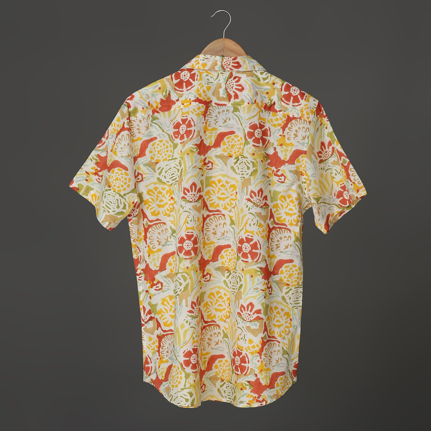 Men’s Yellow Orange Floral Block Print Cotton Shirt – Short Sleeve Collar Shirt | Jaipur Handcrafted