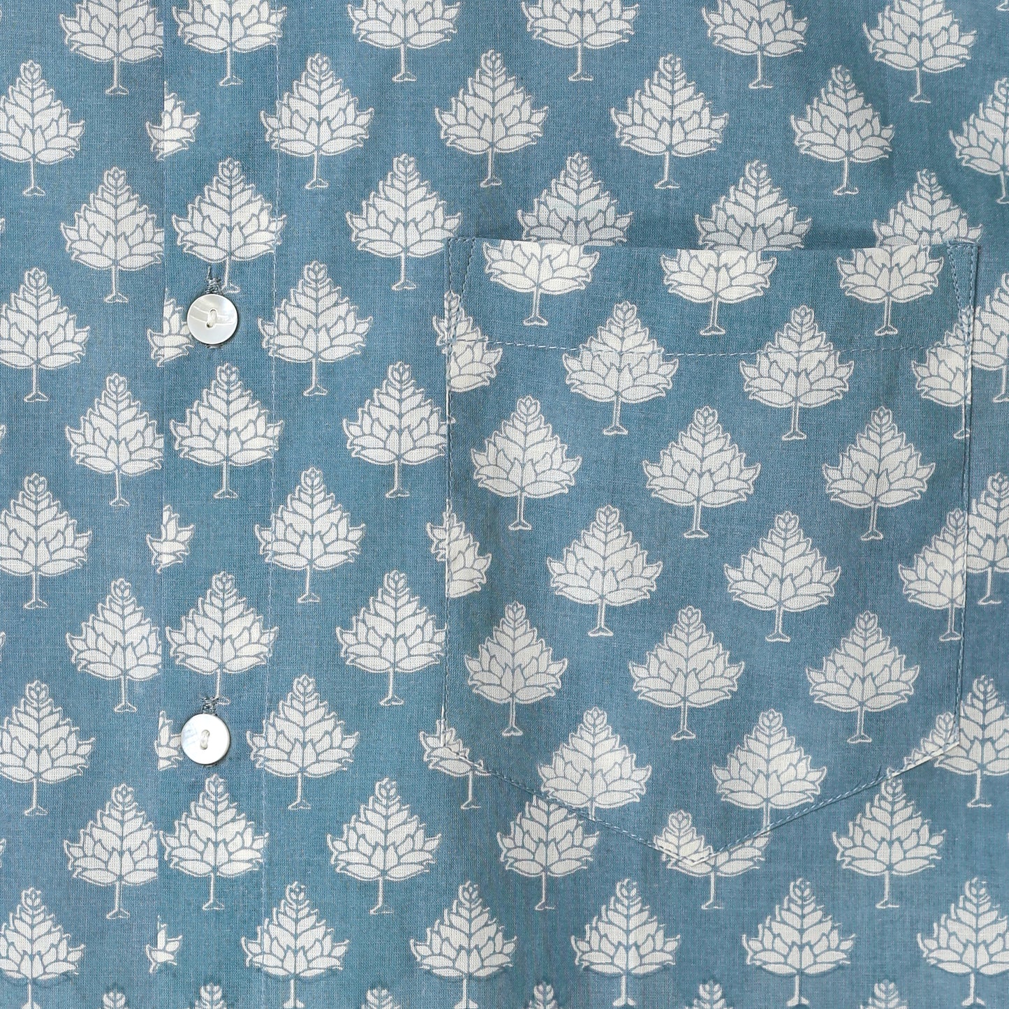 Happy Vibes Men’s Blue Block Print Cotton Shirt – White Leaf Print | Cool Summer Shirt for Holidays & Parties