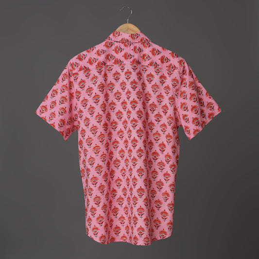 Blossom Mood Men’s Pink Cotton Shirt – Maroon & Orange Marigold Block Print | Floral Summer Shirt