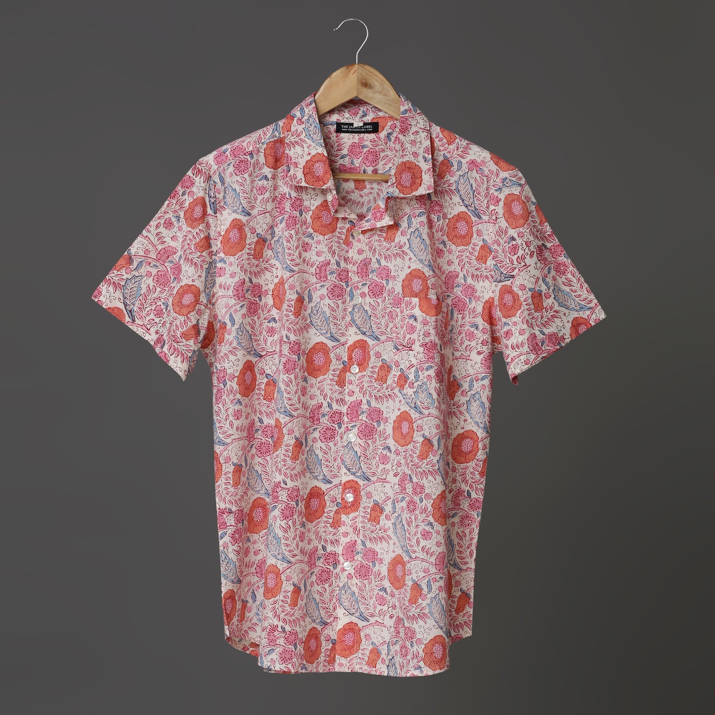 Flora Vibes Men’s White Cotton Shirt – Pink, Blue & Orange Floral Block Print | Summer Leafy Shirt