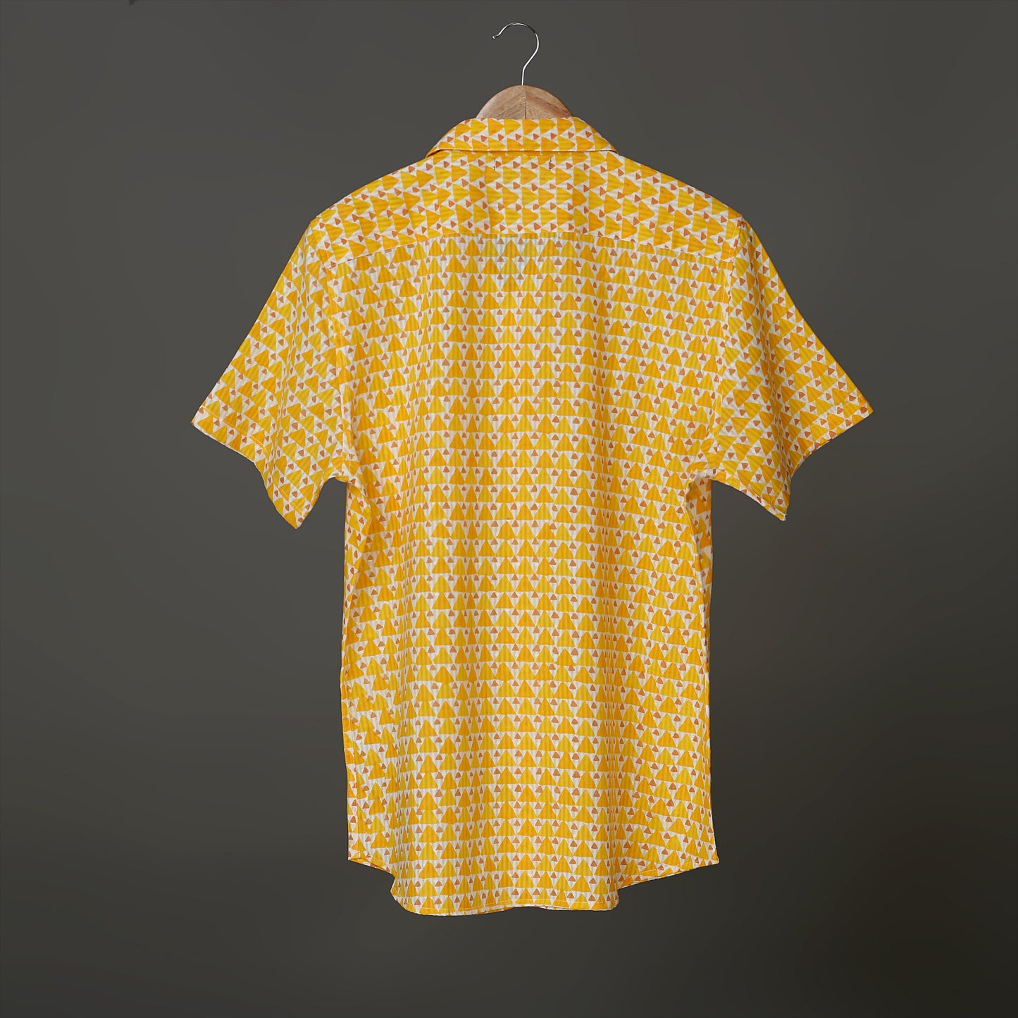 Sunny Vibe Men’s White Cotton Shirt – Mustard Yellow Geometric Block Print | Summer Holiday Style