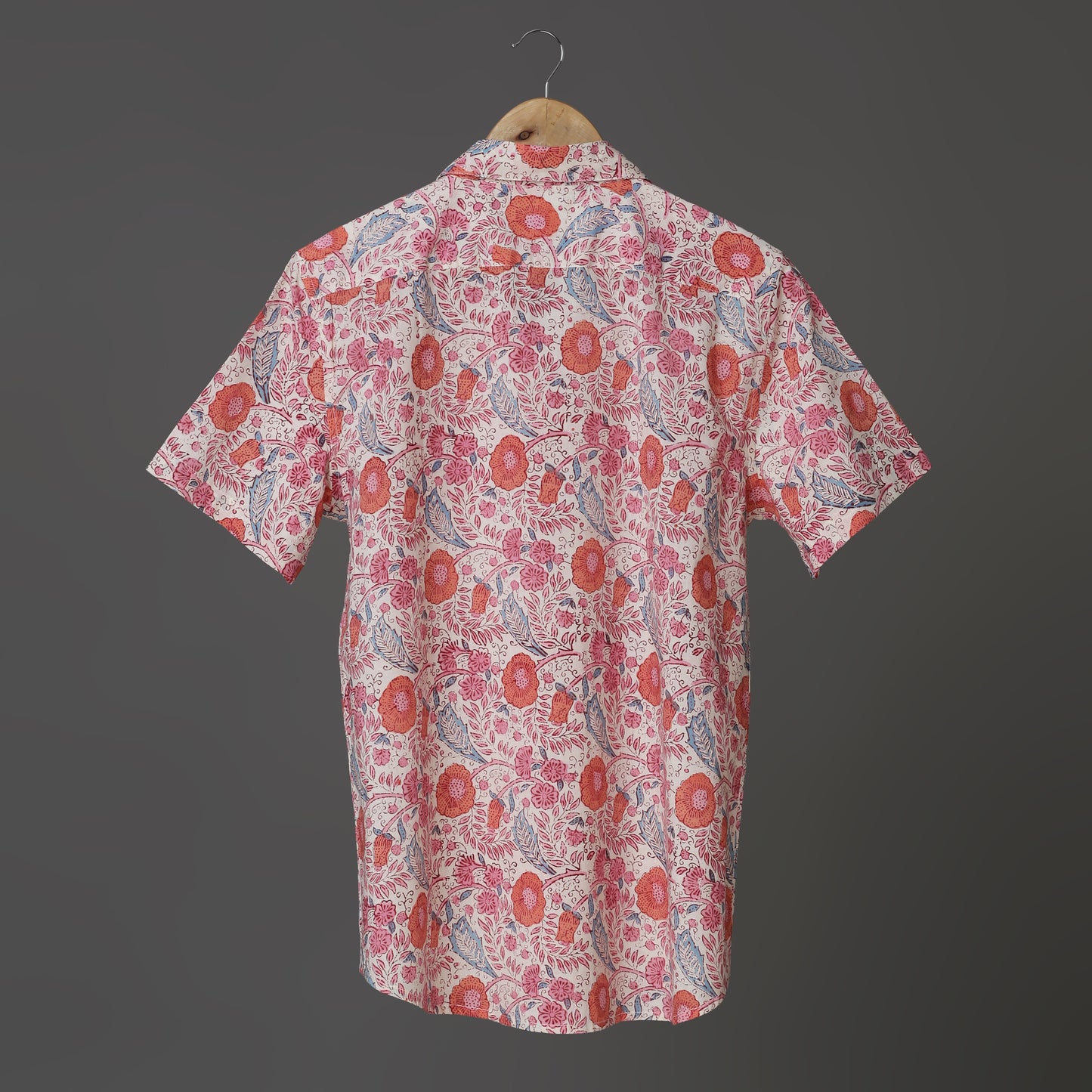 Flora Vibes Men’s White Cotton Shirt – Pink, Blue & Orange Floral Block Print | Summer Leafy Shirt