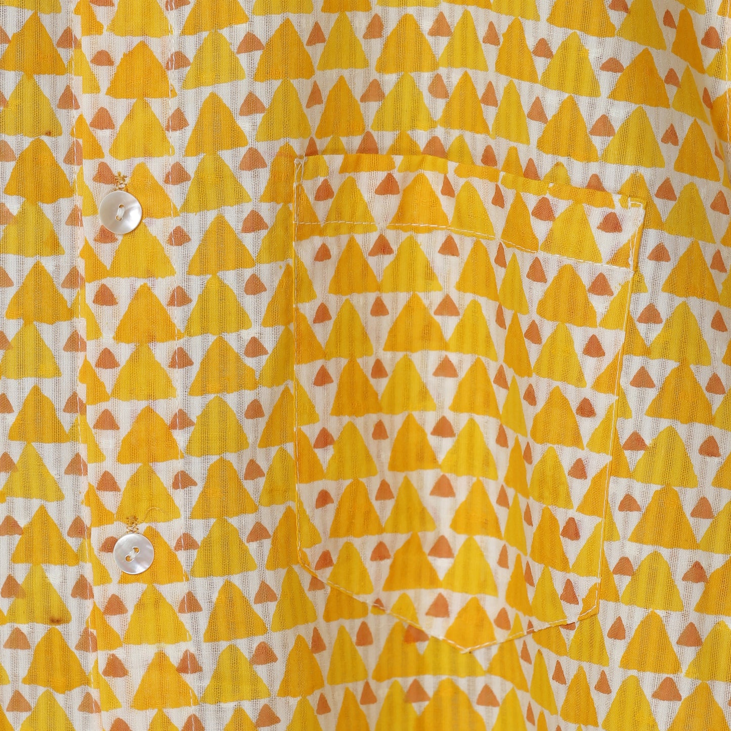 Sunny Vibe Men’s White Cotton Shirt – Mustard Yellow Geometric Block Print | Summer Holiday Style