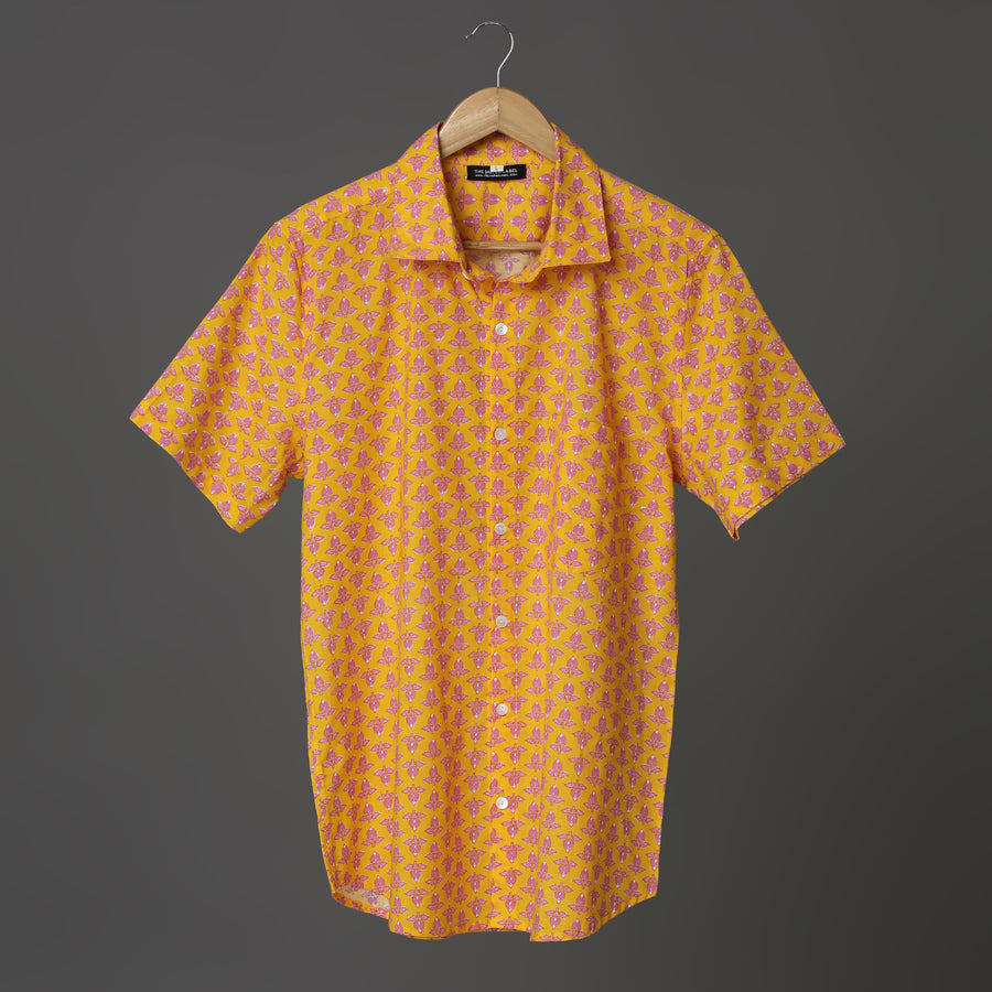 Sunrise Yellow Floral Bud Block Print Cotton Shirt for Men