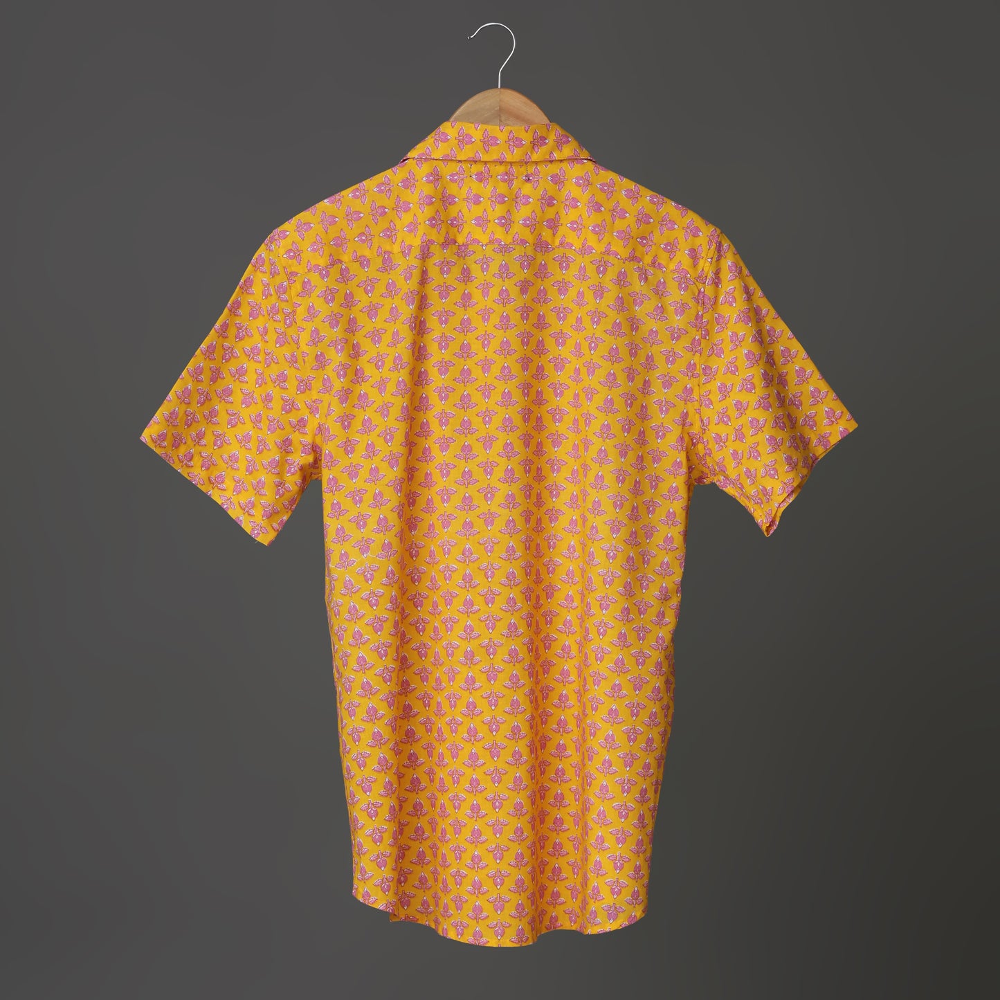 Sunrise Men’s Yellow Cotton Shirt – Floral Bud Block Print | Bright Summer Shirt in Soft Cotton