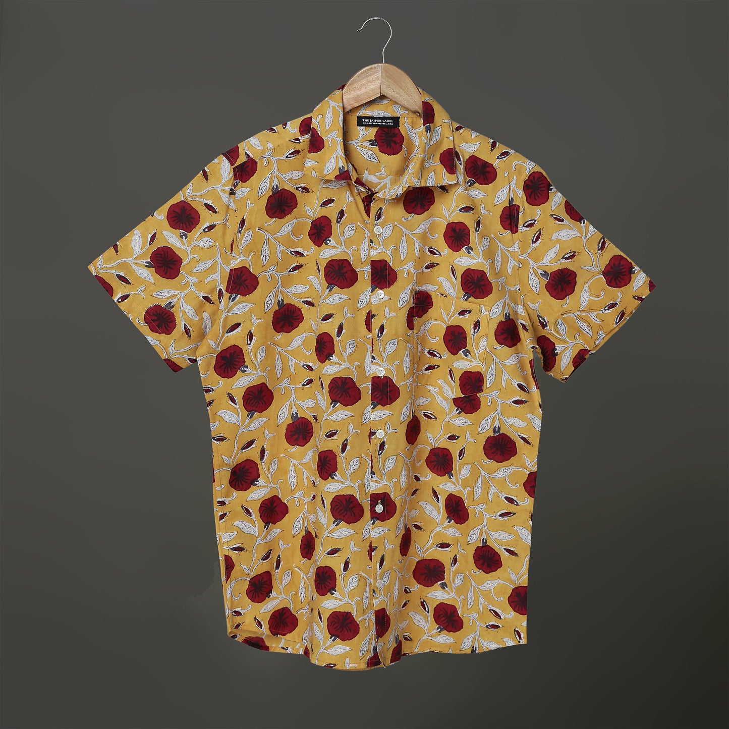 Bright Mustard Floral Shirt for Men – Maroon Hibiscus Print in Soft Cotton