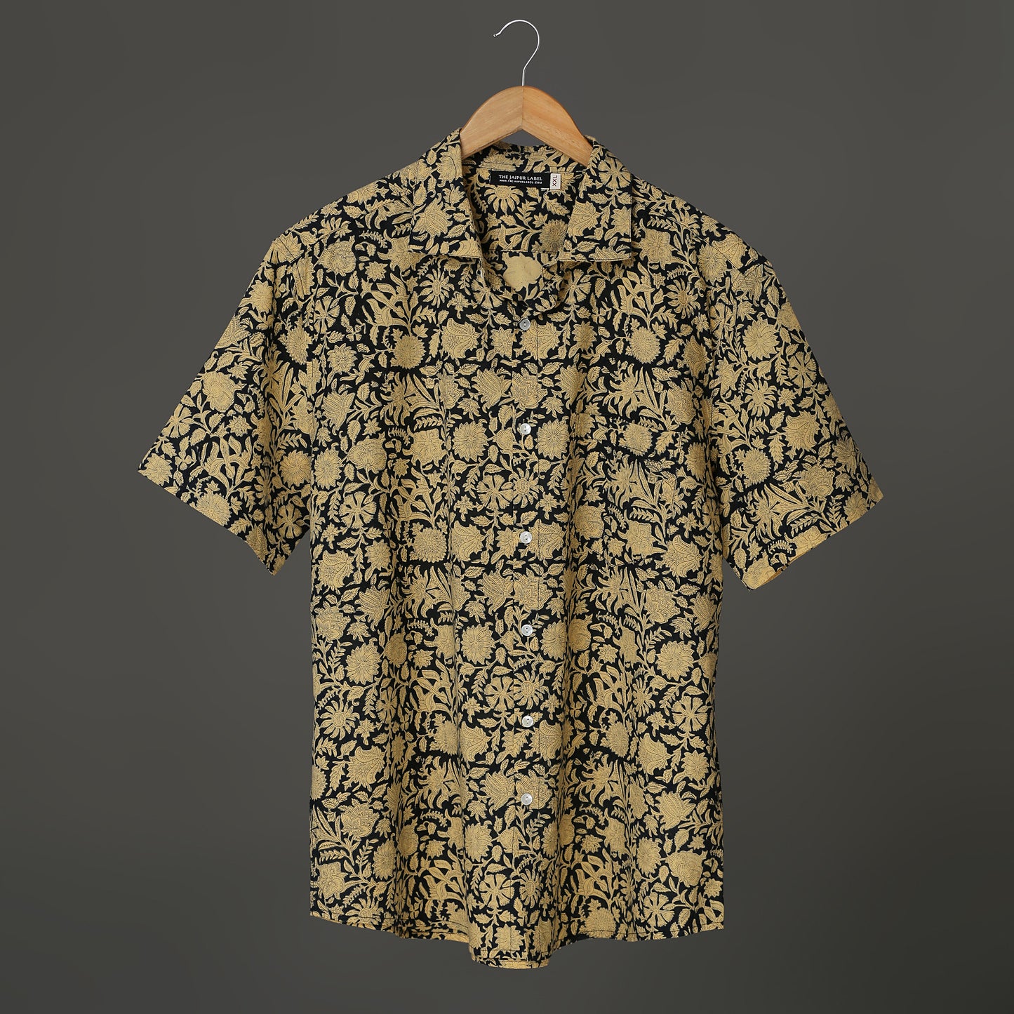 Men’s Hand Block Print Cotton Shirt – Black & Beige Floral | Jaipur Royal Threads