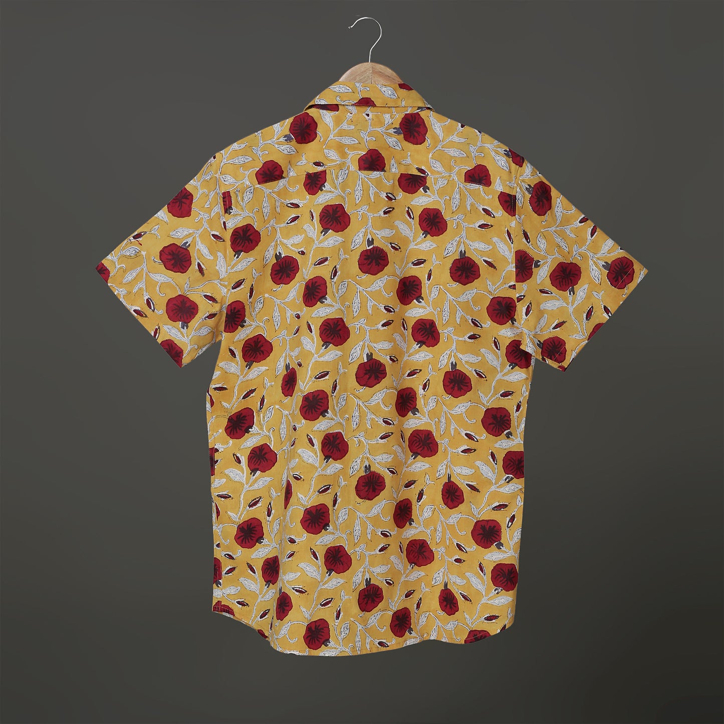 Bright Mustard Floral Shirt for Men – Maroon Hibiscus Print in Soft Cotton