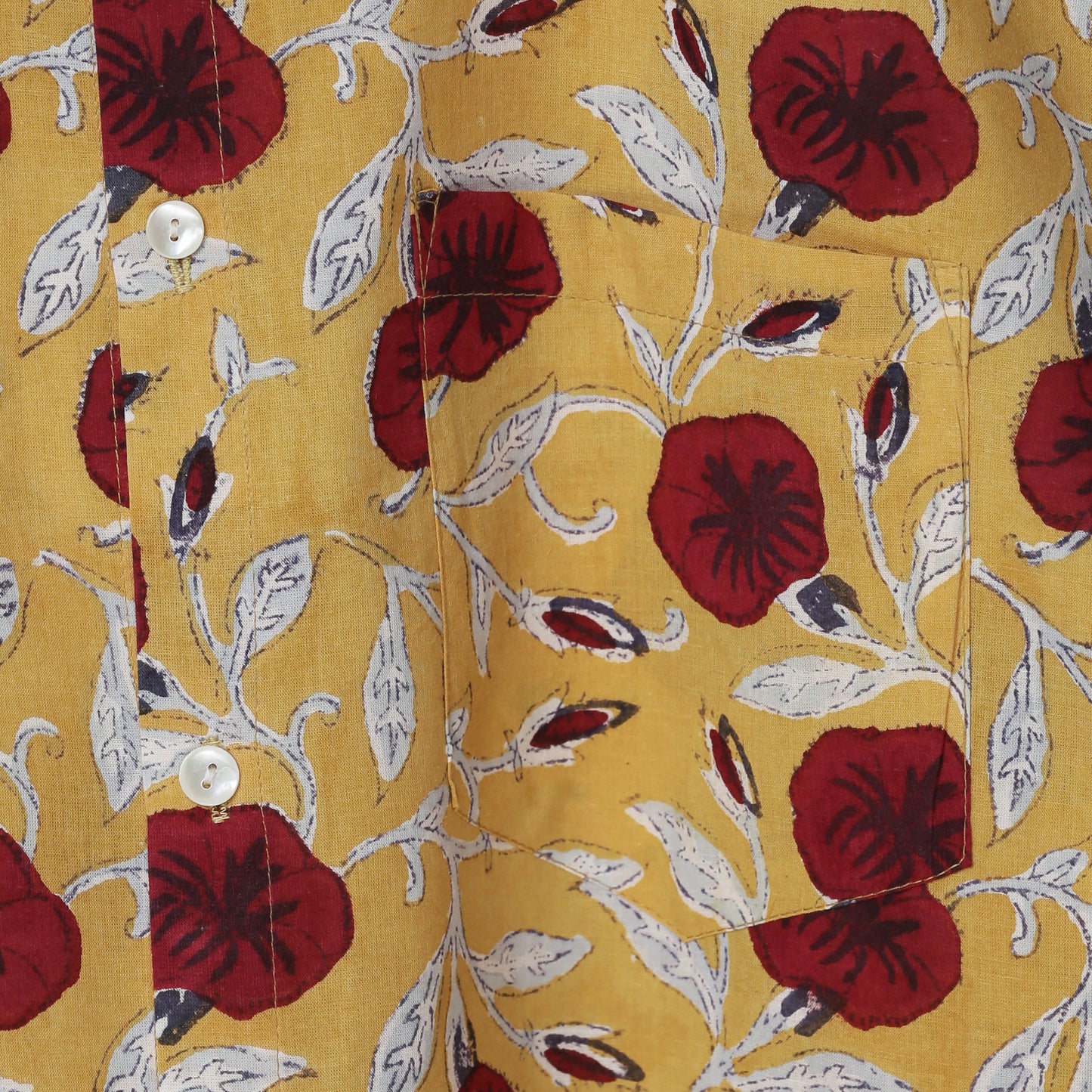 Bright Mustard Floral Shirt for Men – Maroon Hibiscus Print in Soft Cotton