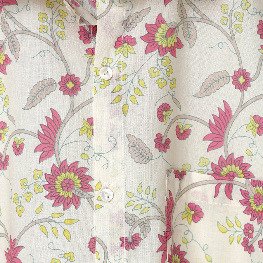 Hand Block Printed Cream & Pink Floral Cotton Shirt for Men | Handcrafted Casual and Vacation Wear Shirt