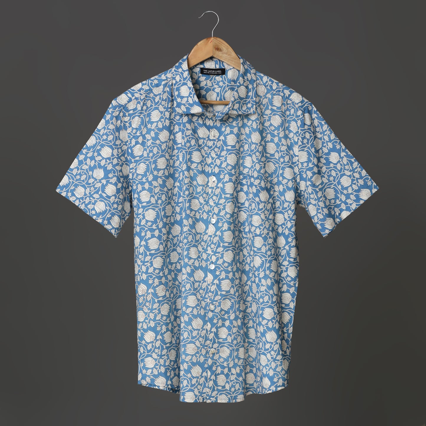 Men's Block Printed Short Sleeve Casual Cotton Shirt in Blue and White