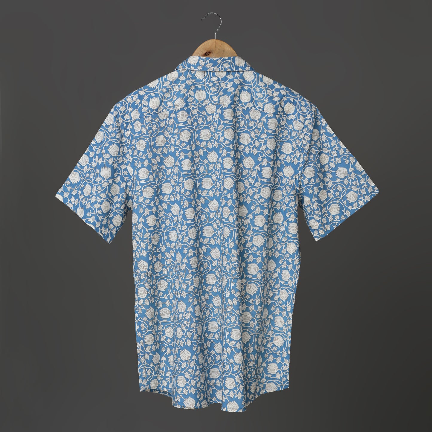 Men's Block Printed Short Sleeve Casual Cotton Shirt in Blue and White