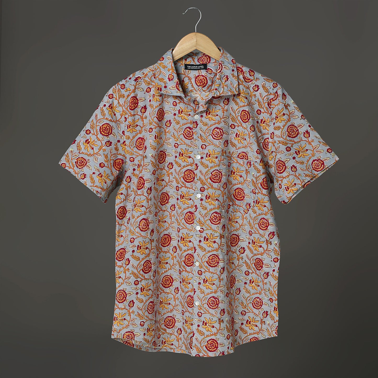 Men’s Floral Hand Block short Sleeve Cotton Shirt – Red & Yellow on Grey | Jaipur Royal Threads