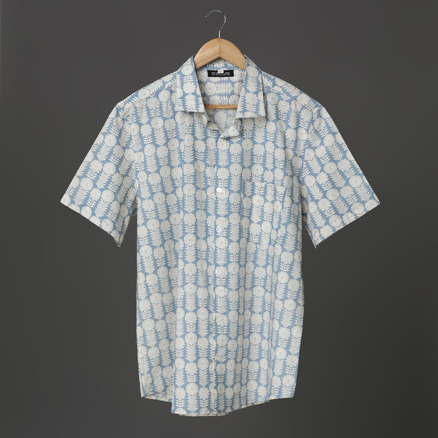 Sky Blue Block Printed Cotton Short Sleeve Shirt for Men