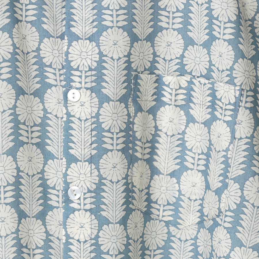 Sky Blue Block Printed Cotton Short Sleeve Shirt for Men