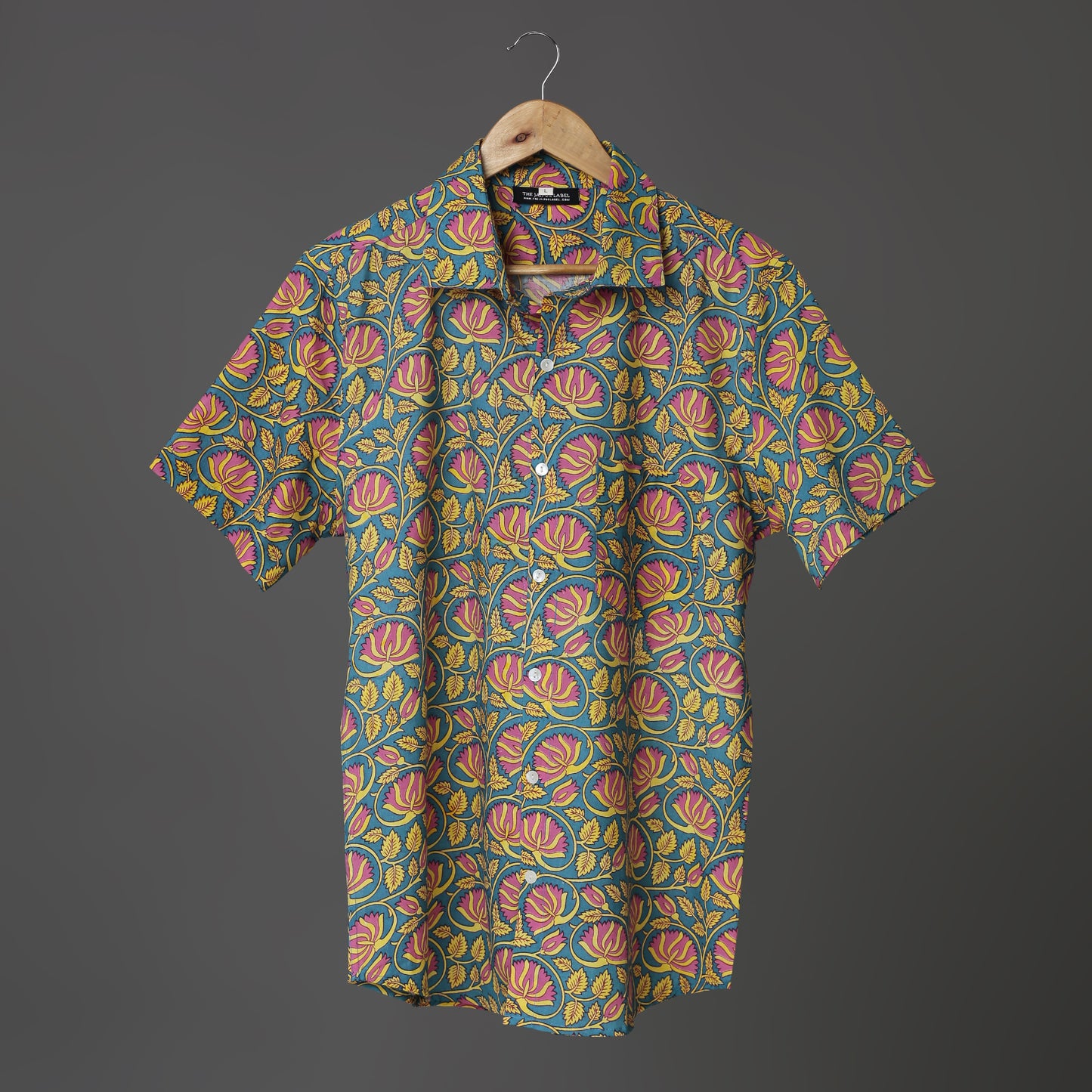 Men’s Casual Bold Floral Block Print Shirt – Pink & Yellow on Teal | Jaipur Royal Threads Cotton