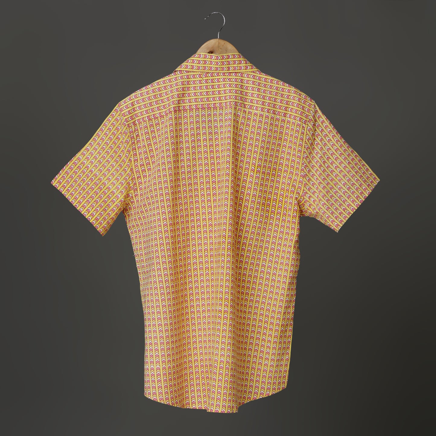 Men’s Yellow Printed Cotton Shirt – Red & White Block Motif | Lightweight Summer Shirt