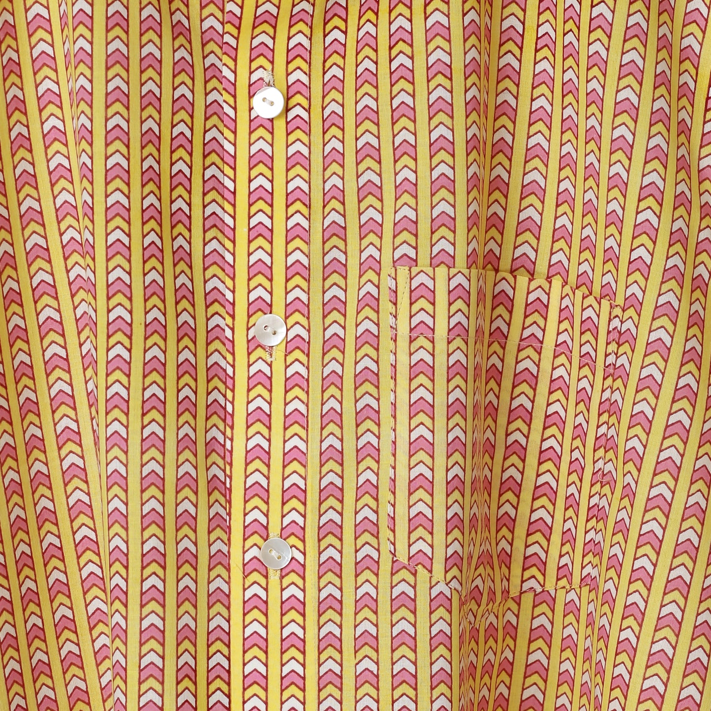 Men’s Yellow Printed Cotton Shirt – Red & White Block Motif | Lightweight Summer Shirt