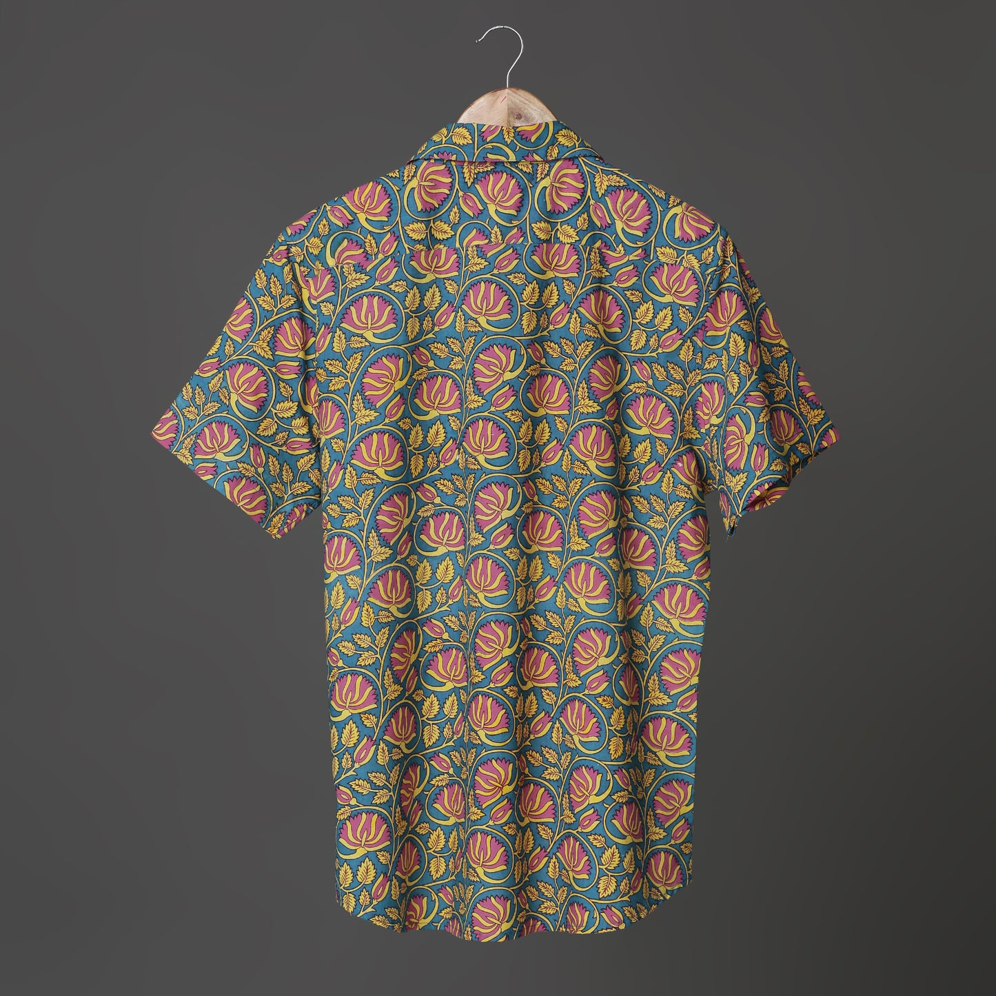 Men’s Casual Bold Floral Block Print Shirt – Pink & Yellow on Teal | Jaipur Royal Threads Cotton