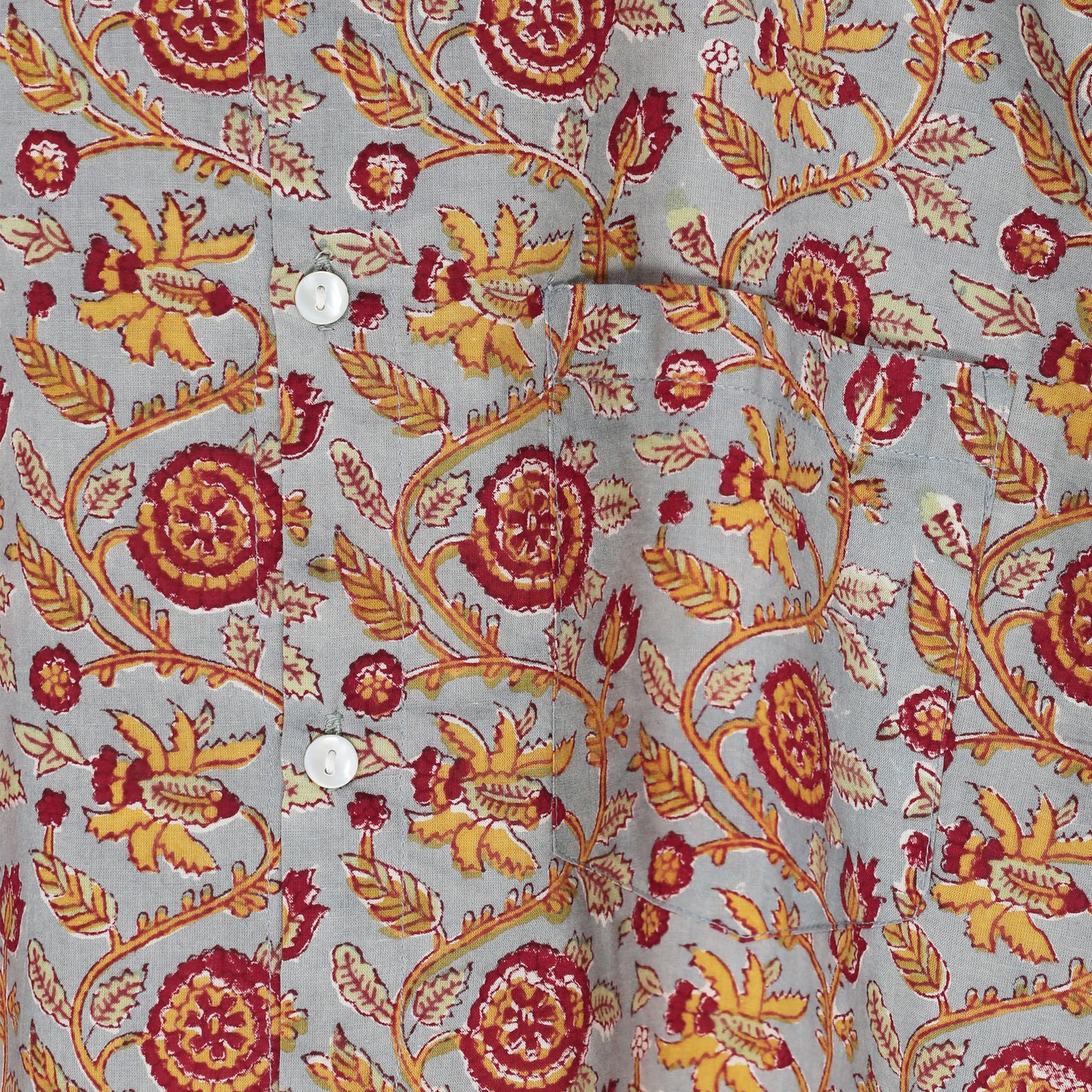 Men’s Floral Hand Block short Sleeve Cotton Shirt – Red & Yellow on Grey | Jaipur Royal Threads