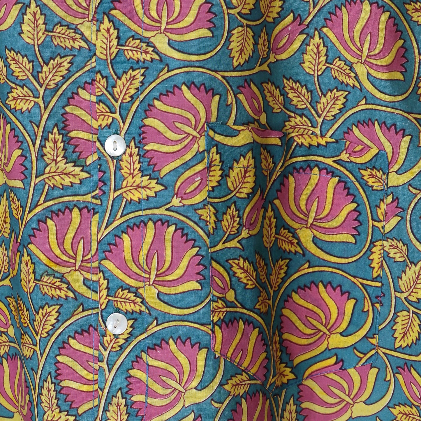 Men’s Casual Bold Floral Block Print Shirt – Pink & Yellow on Teal | Jaipur Royal Threads Cotton