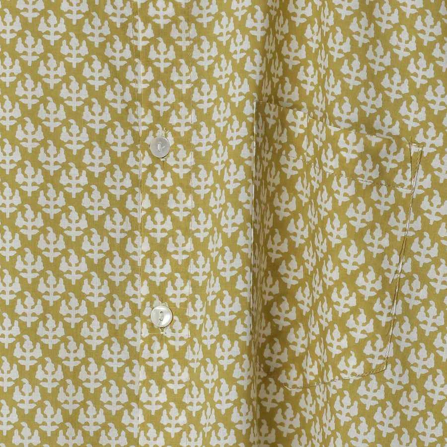 Mustard Hand Block Printed Cotton Short Sleeve Shirt for Men