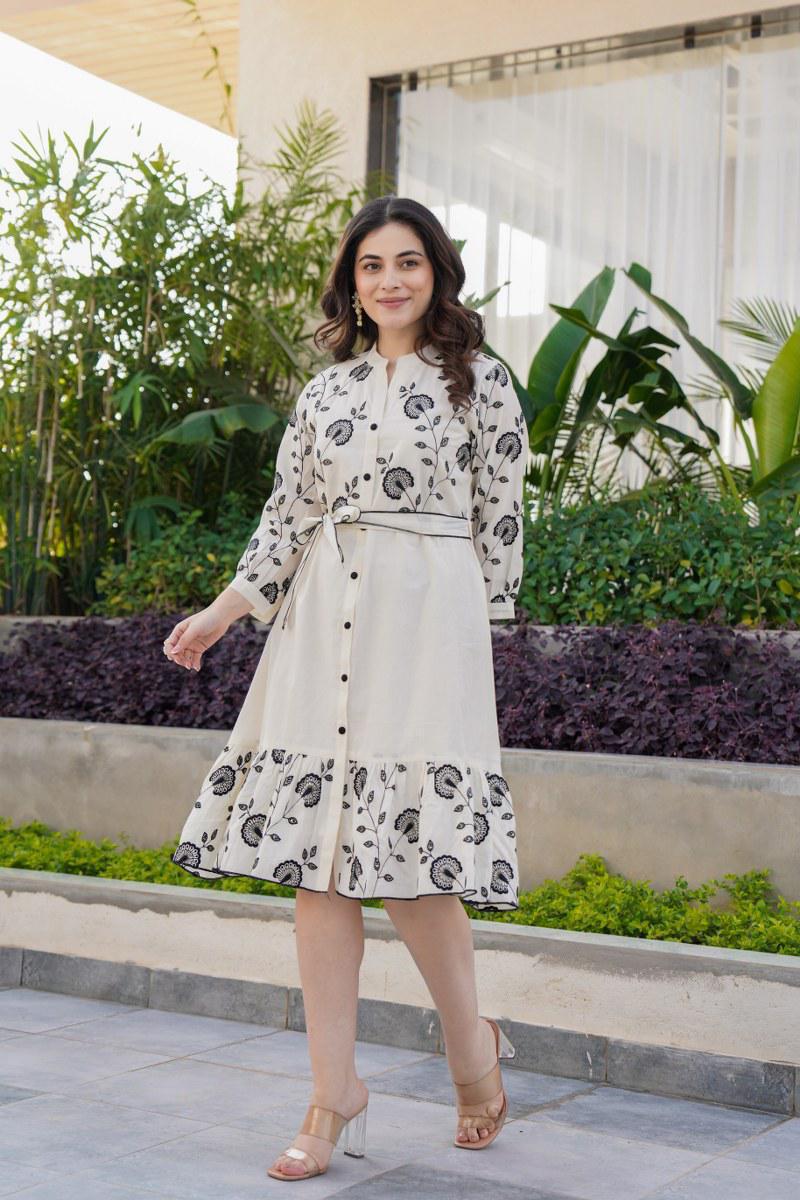 Elegant Black & White Embroidered Dress Midi Style with belted waist