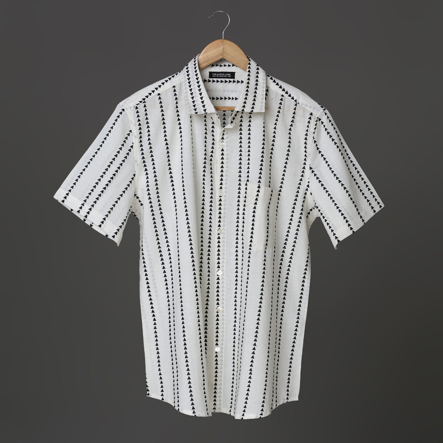 Boys White Casual Block Print Cotton Short Sleeve Shirt with Black Geometric Triangle Design