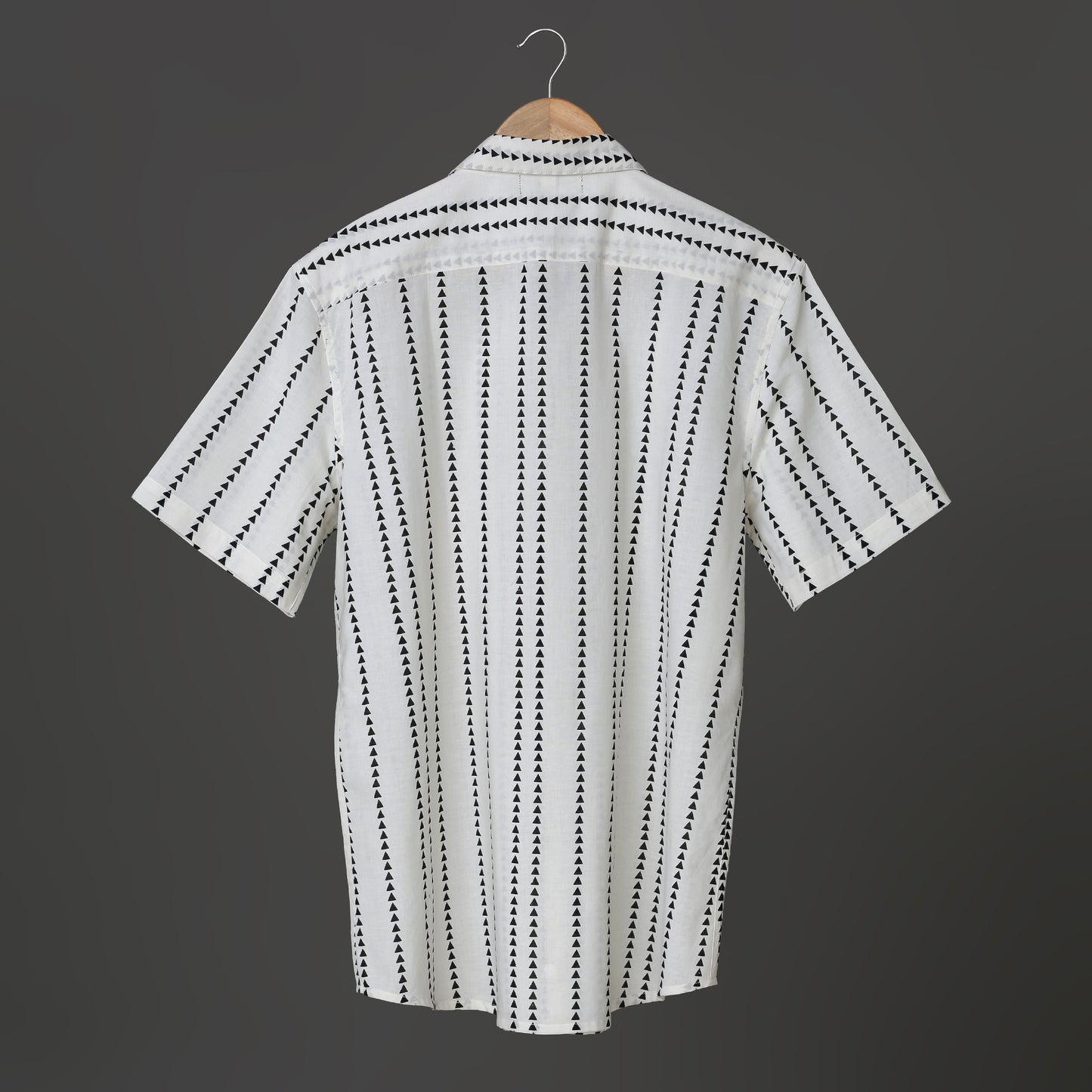 Boys White Casual Block Print Cotton Short Sleeve Shirt with Black Geometric Triangle Design