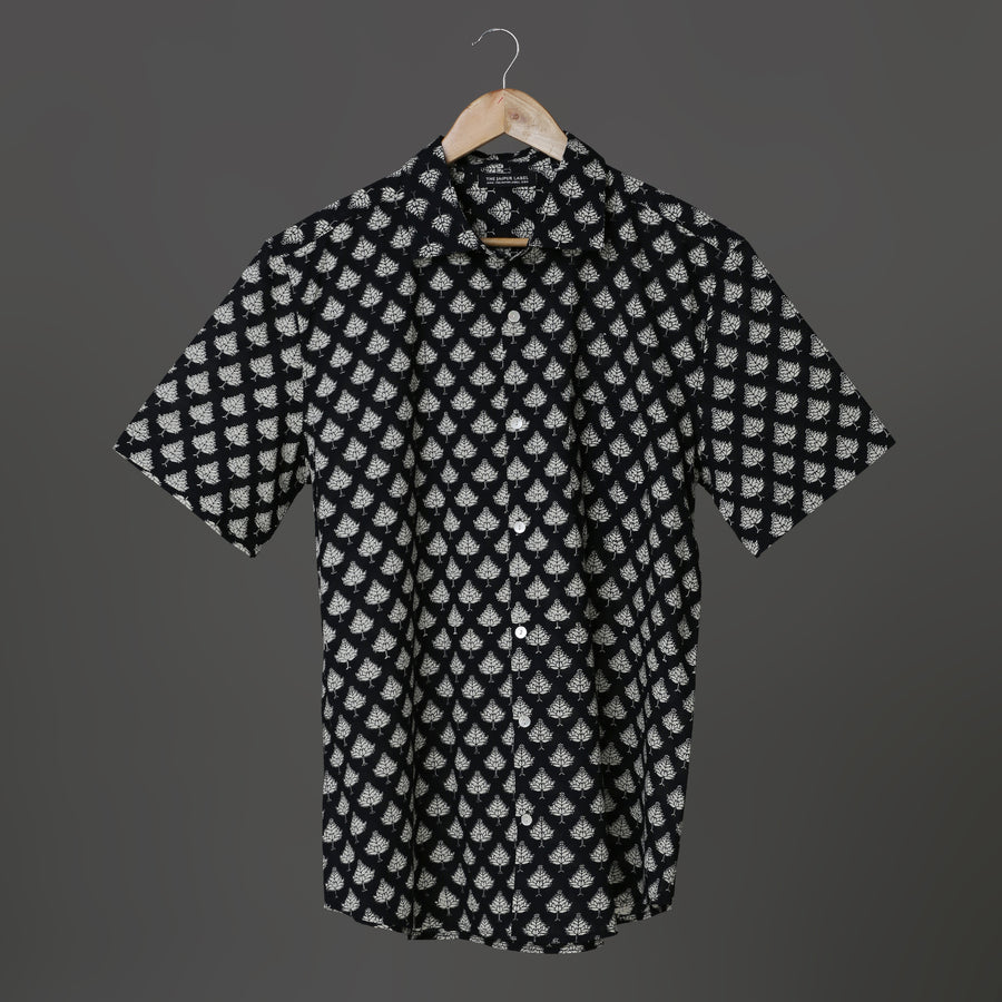 Hand Block Printed Black & White Leaf Cotton Shirt for Men| Handcrafted Casual and Vacation Wear Summer Shirt