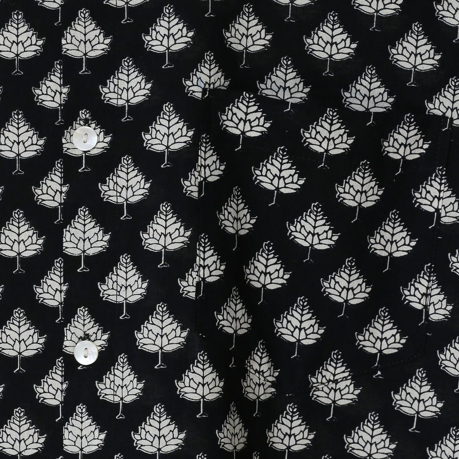 Hand Block Printed Black & White Leaf Cotton Shirt for Men| Handcrafted Casual and Vacation Wear Summer Shirt