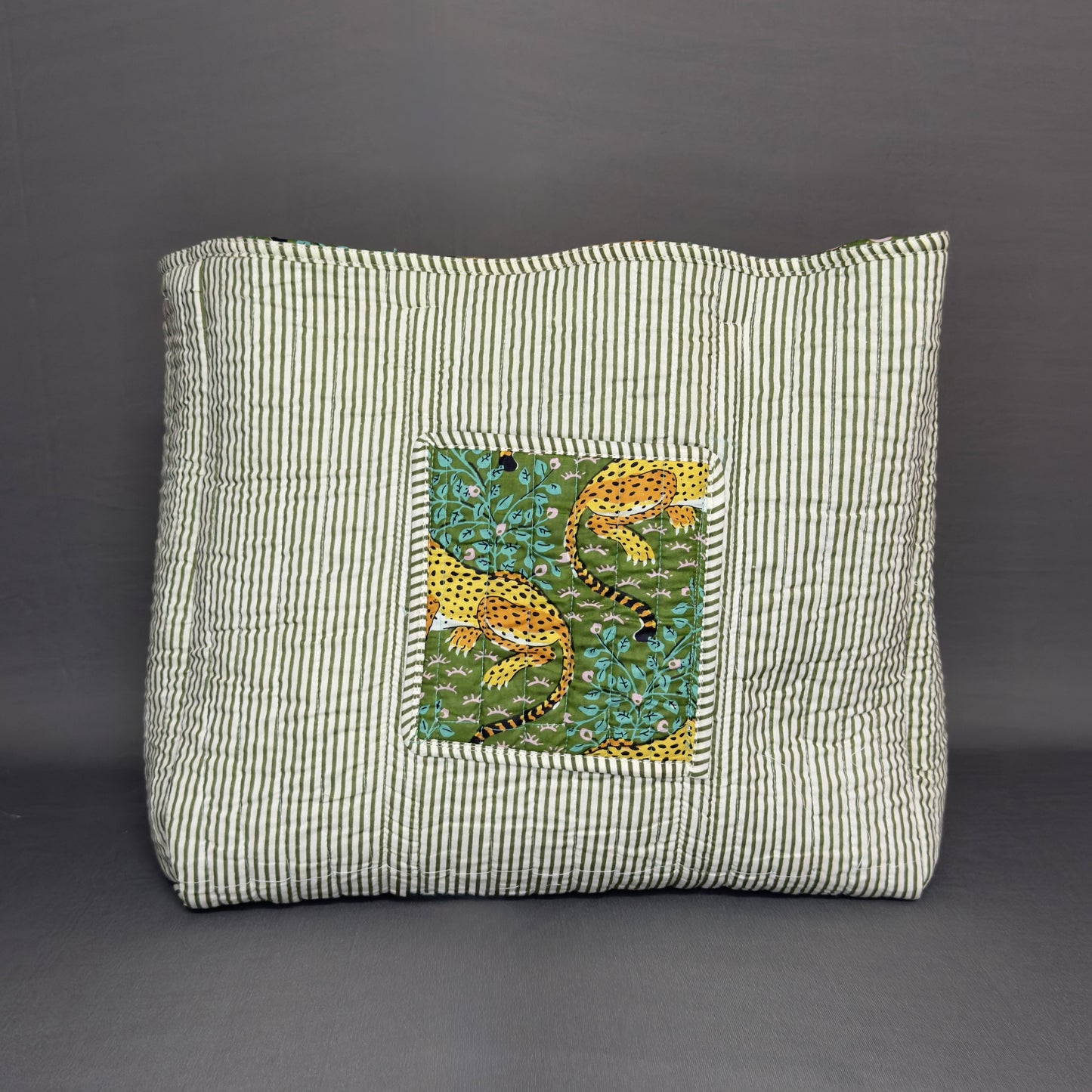 Designer Green Tiger Motif Reversible Cotton Tote Bag