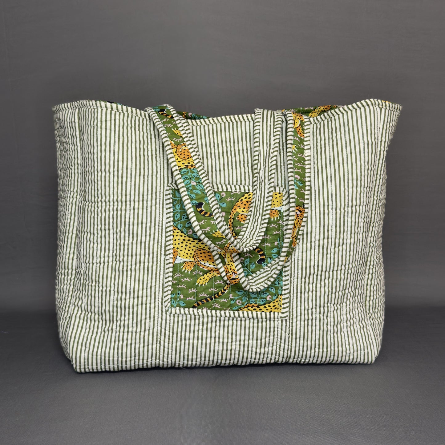 Designer Green Tiger Motif Reversible Cotton Tote Bag