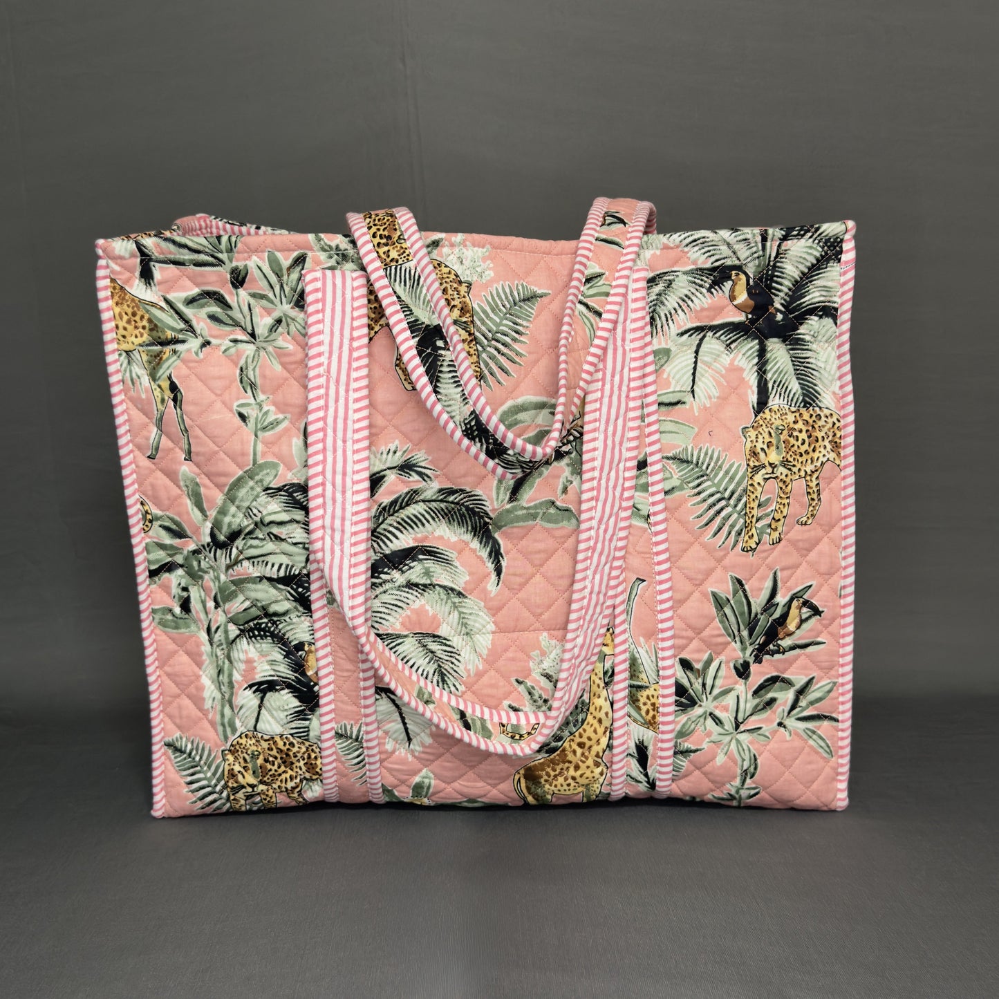 Reversible Quilted Tote Bag – Pink Jungle Print with Giraffes & Leopards