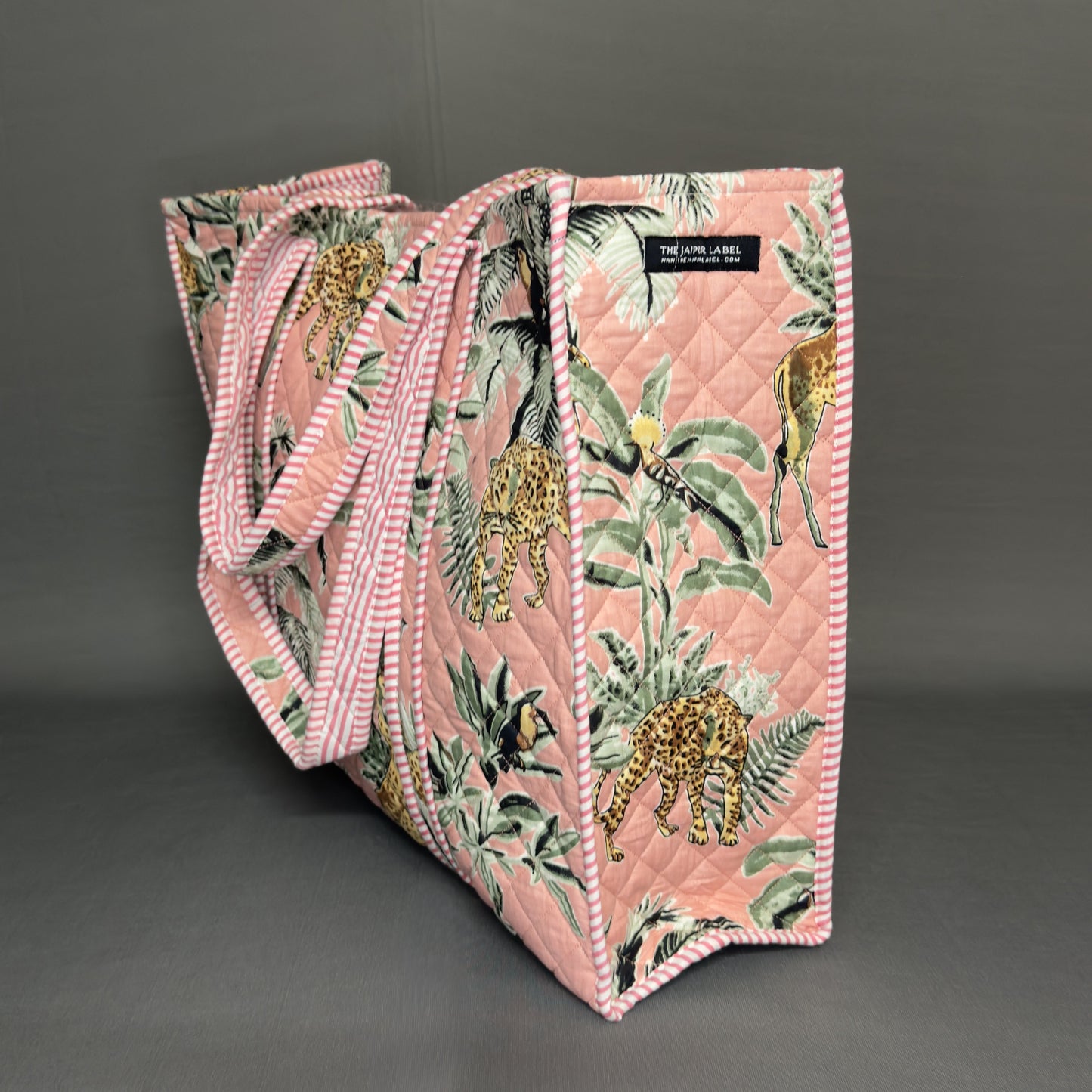 Reversible Quilted Tote Bag – Pink Jungle Print with Giraffes & Leopards