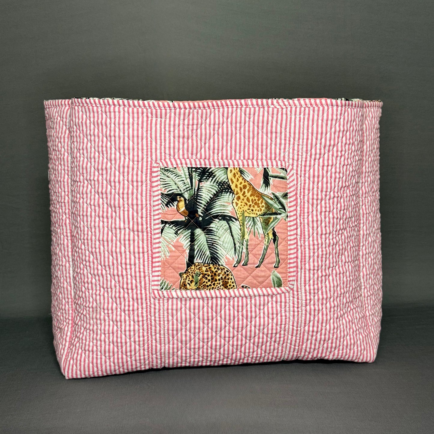 Reversible Quilted Tote Bag – Pink Jungle Print with Giraffes & Leopards