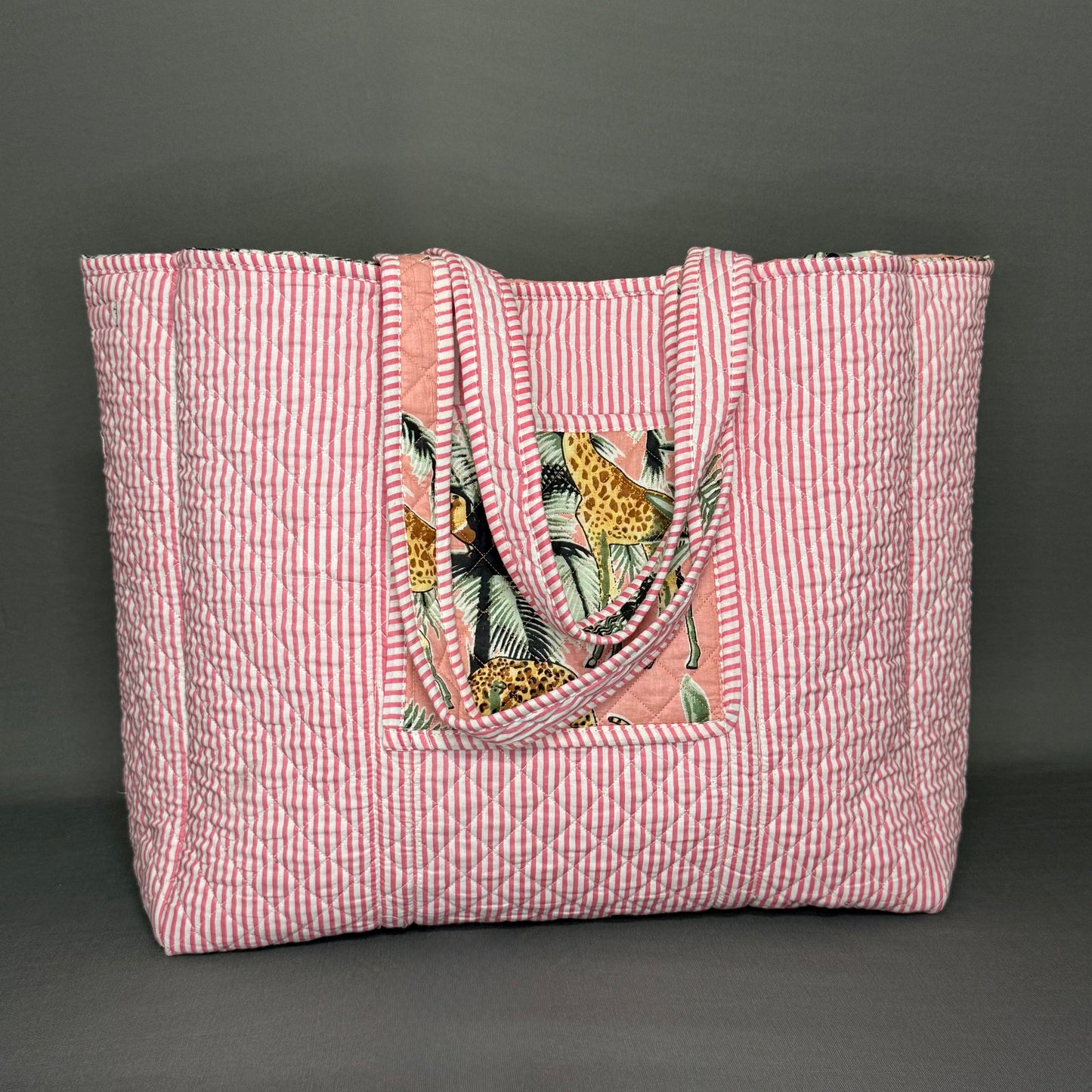 Reversible Quilted Tote Bag – Pink Jungle Print with Giraffes & Leopards