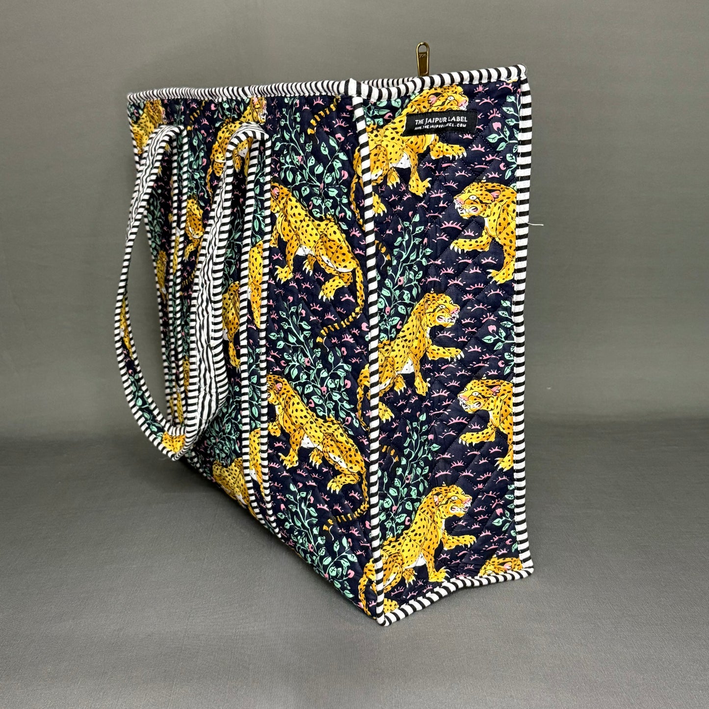 Hand Block sustainable Purple Zipper Tote Bag with Tiger Motif