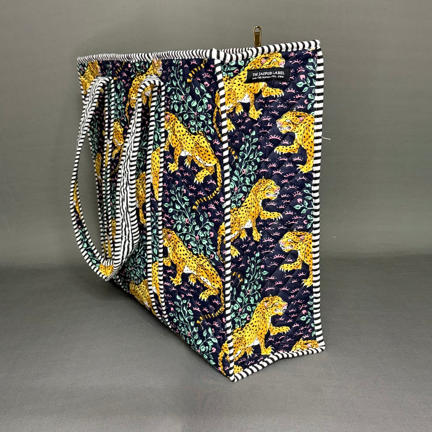 Hand Block sustainable Purple Zipper Tote Bag with Tiger Motif