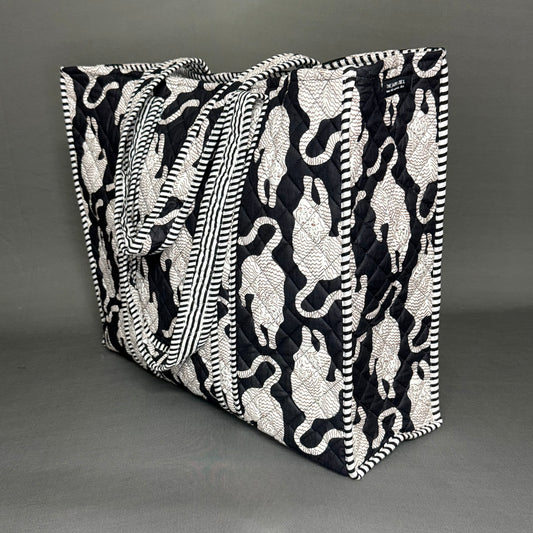 Black & White Chinese Tiger Theme Quilted Tote Bag