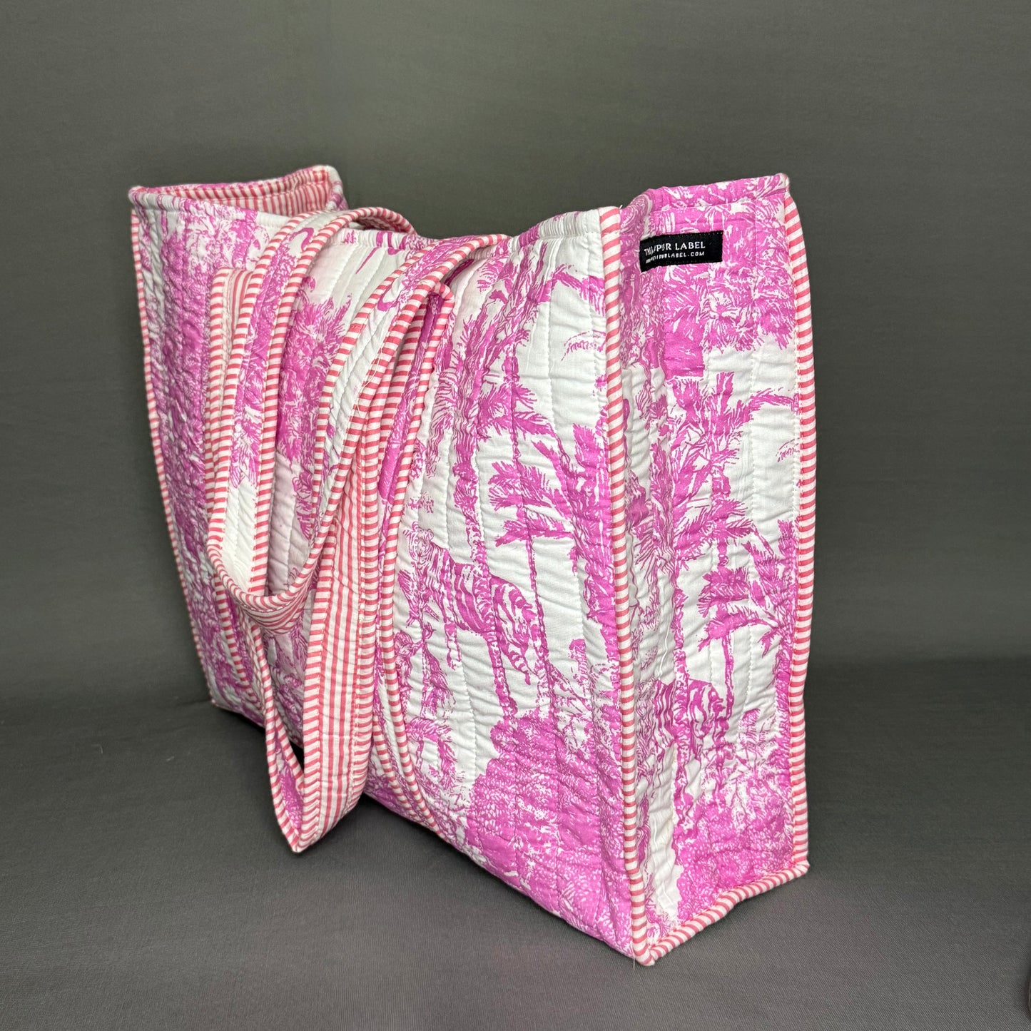 Jaipur Inspired Jungle Theme White & Pink Quilted Tote Bag