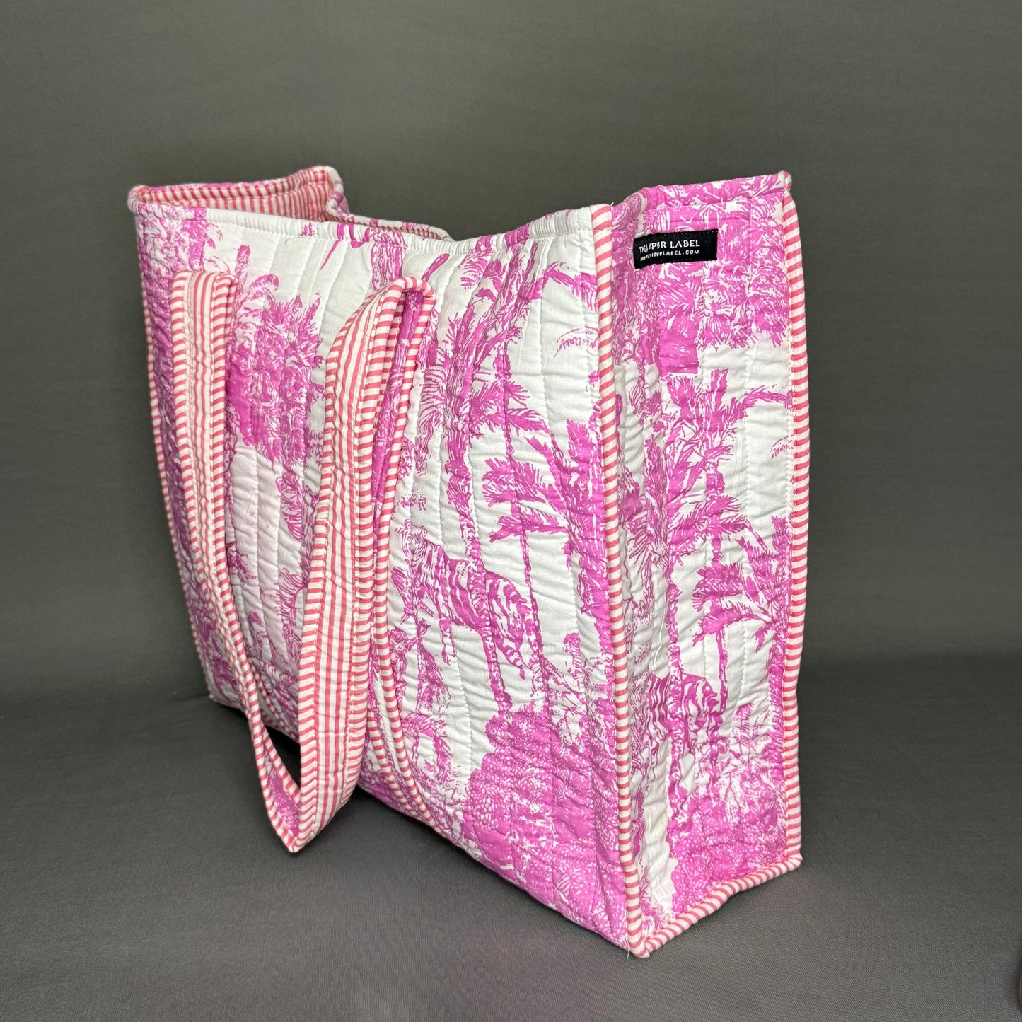 Jaipur Inspired Jungle Theme White & Pink Quilted Tote Bag