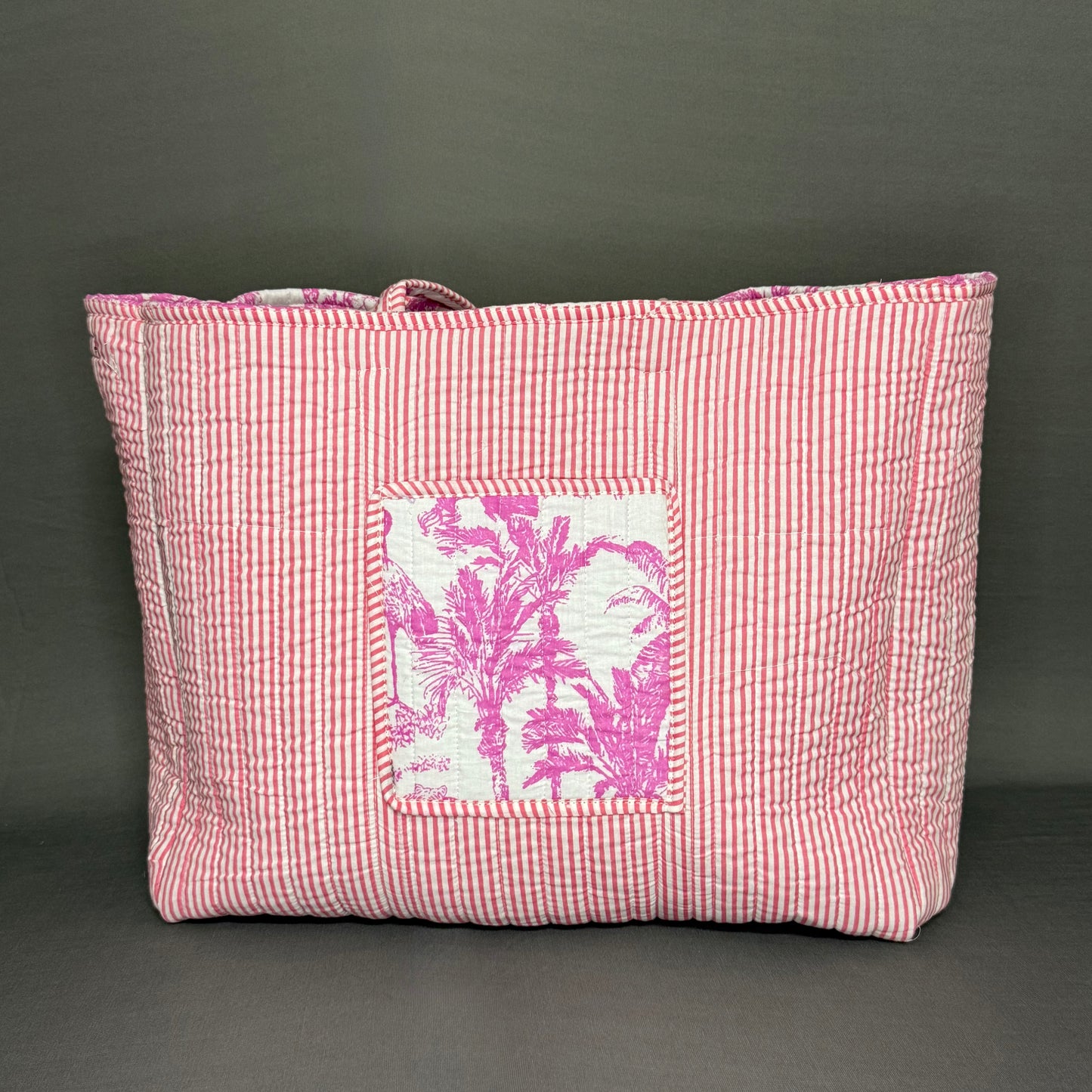 Jaipur Inspired Jungle Theme White & Pink Quilted Tote Bag