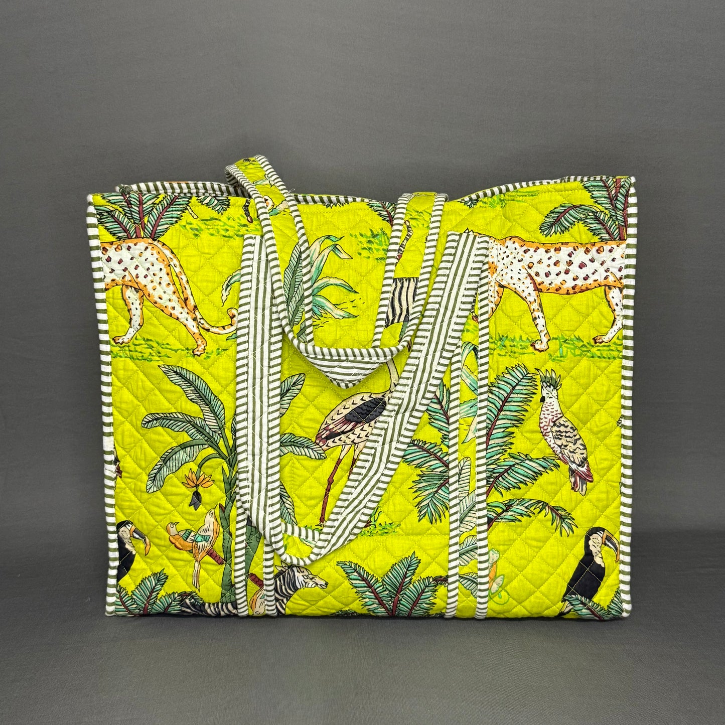 Reversible Neon Green Jungle Print Tote Bag – Bold Handcrafted Cotton Bag