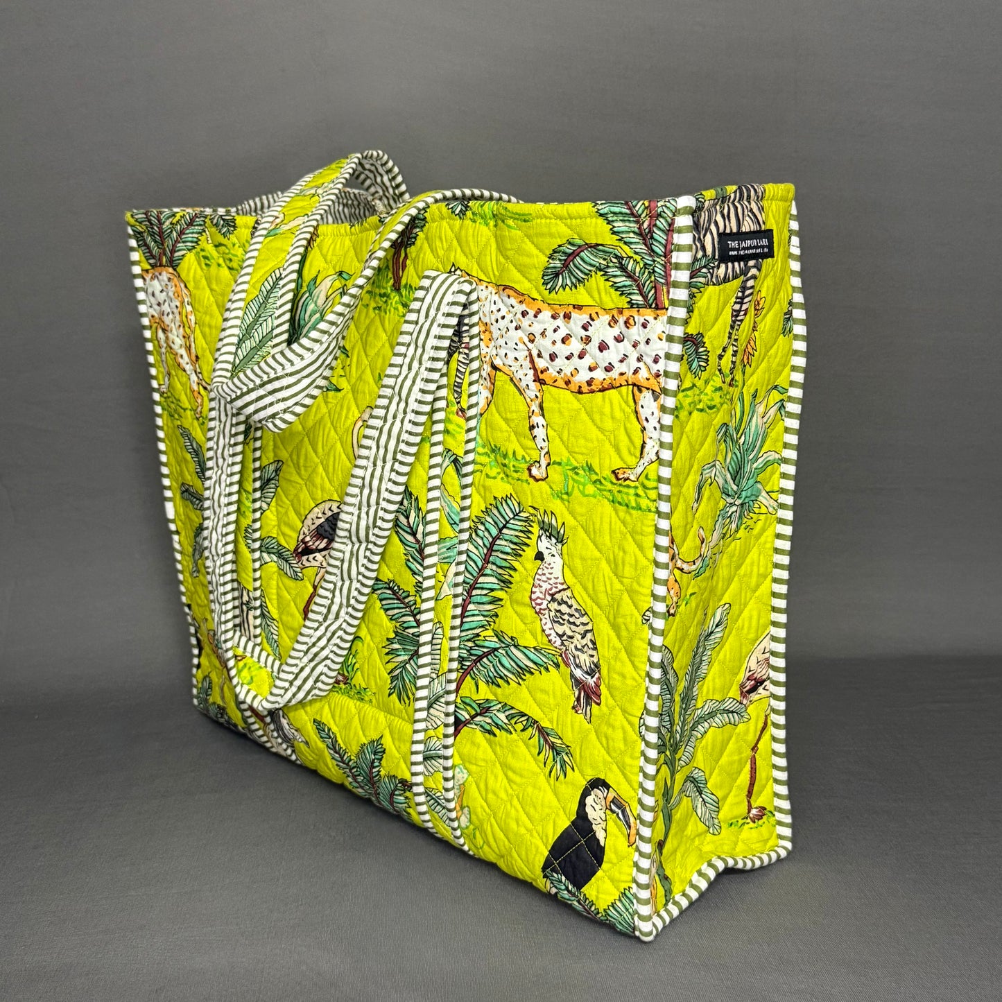Reversible Neon Green Jungle Print Tote Bag – Bold Handcrafted Cotton Bag
