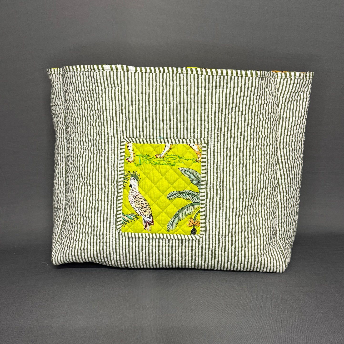 Reversible Neon Green Jungle Print Tote Bag – Bold Handcrafted Cotton Bag
