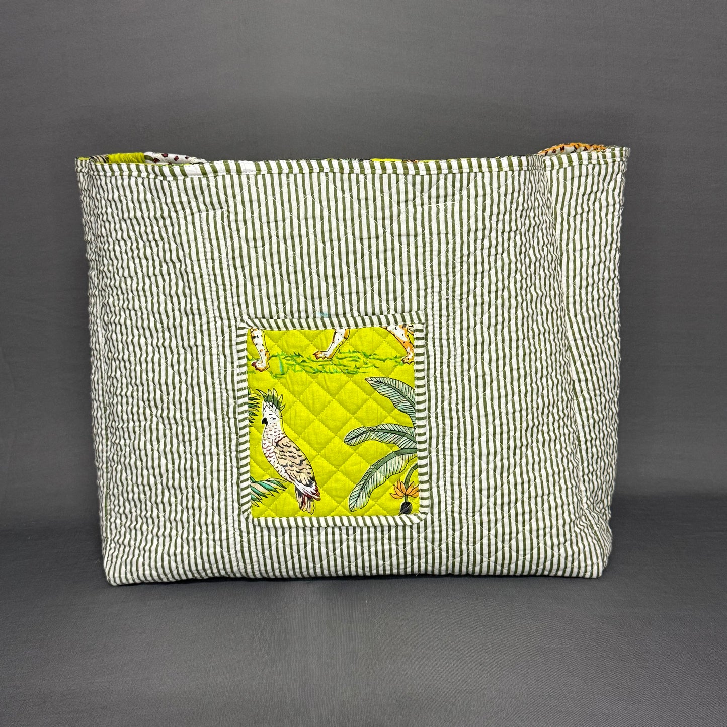 Reversible Neon Green Jungle Print Tote Bag – Bold Handcrafted Cotton Bag