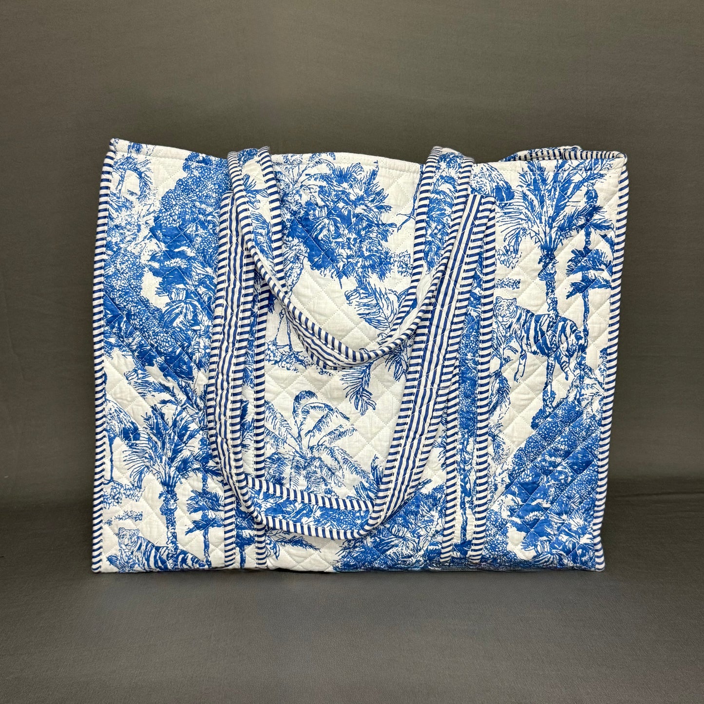 Blue White Jaipur Jungle Print Reversible Pure Cotton Tote Bag